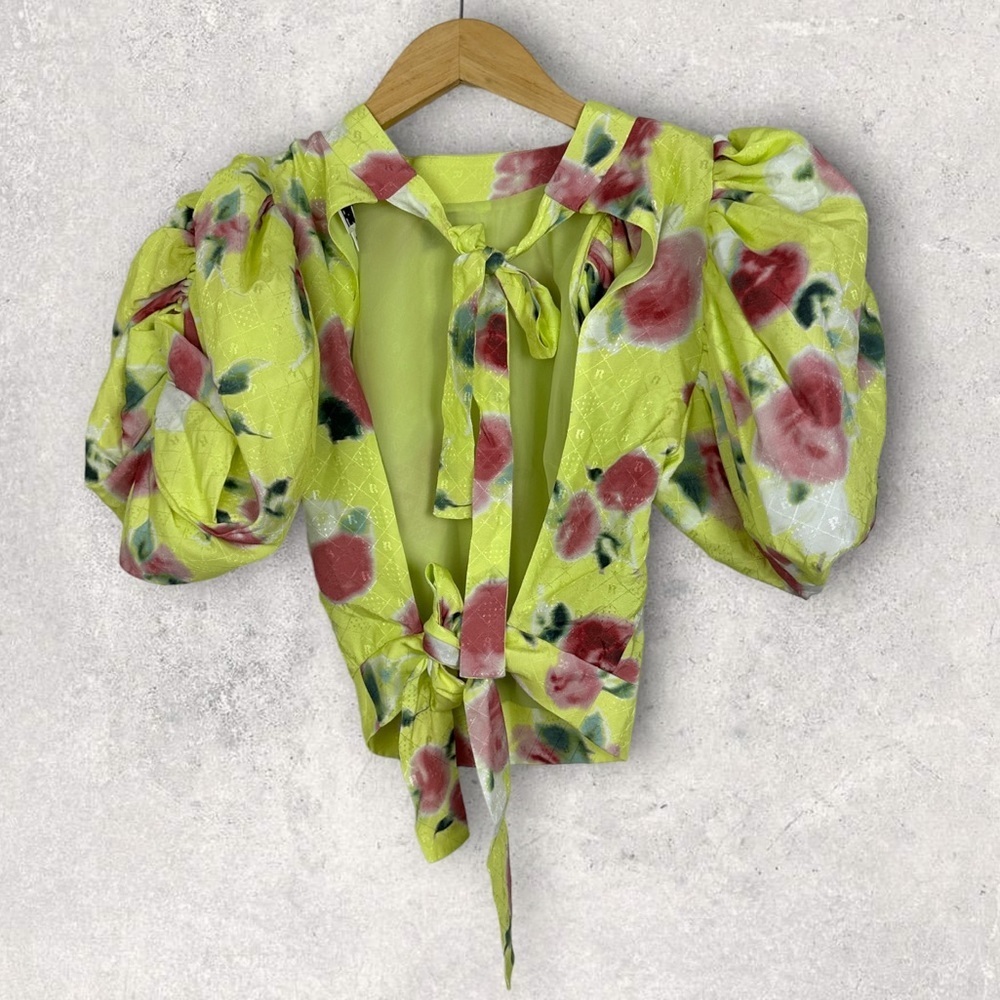 NEW Rotate Birger Christensen Dawn Floral Puff Sleeve Top Tie Back Yellow Boho 4 - Picture 10 of 14